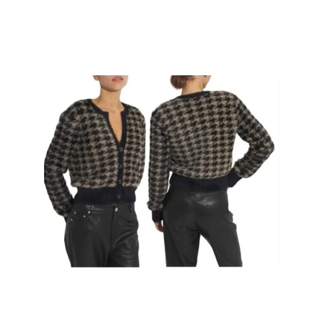 Elie by Elie Tahari Houndstooth Eyelash Fuzzy Cropped Cardigan Sweater Small